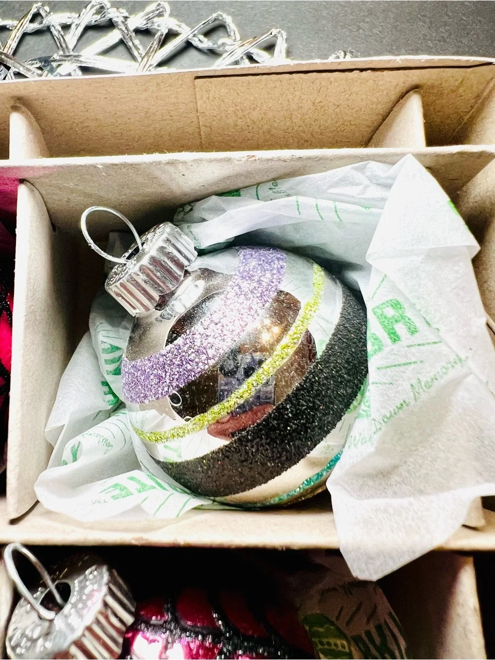 12 Radko Halloween Glass Ball Ornaments Glitter Stripes Pastel Pink Lilac Blue